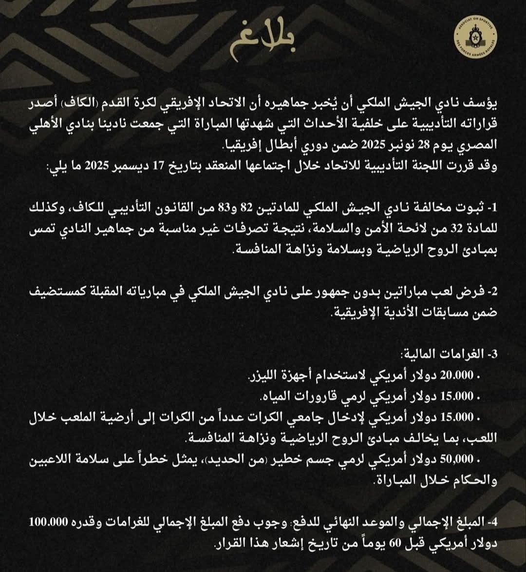 رسميًا كاف يعلن عقوبات نادي الجيش الملكي المغربي في مباراة الأهلي المصري بدوري أبطال أفريقيا ما هي؟